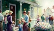 © W&S Stock - Wholesome Easter Holiday family scene watercolor illustration. People visiting Church during the spring season. AI Generative Art.
