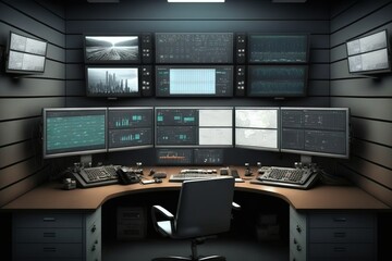 Surveilence monitoring workplace with many screens. Control room.