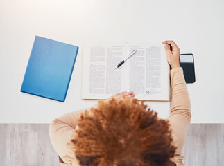 Poster - Student, notebook and studying in a library for university exam, test and book report. From above, college female and reading notes of a learning young person with education books for knowledge