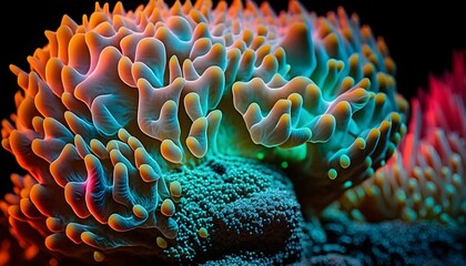 Wall Mural - Sea anemone on a coral reef in vivid neon colors. Zoom image - Generative AI
