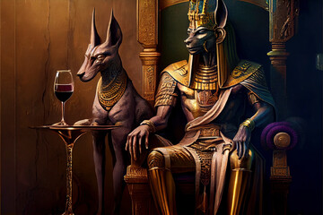 Illustration of Anubis sitting on his throne in Egypt drinking a cup of wine on his throne created with Generative AI technology