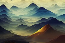3d Chinese Landscape Wallpaper. Gray Background With The Golden Trees, Deer, Birds, Mountains, And White Clouds. Golden, Black, Turquoise Stone In Water. Generative AI