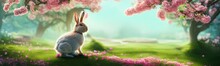 Cute Little Rabbit For Easter Spring Holiday, Spring Holiday Banner Illustration. Nice Rabbit Sitting On The Meadow Grass Grass. Spring Flower Meadow