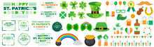 Happy St. Patrick's Day Elements Mega Set With Green Clover, Shamrock, Green Ale, Gold Coins Pot, And Rainbow On White Background. St. Patrick's Day Typography Mega Bundle. Saint Patrick's Day Bundle.