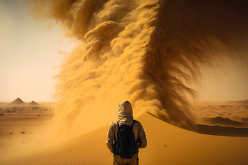 Wall Mural - The origin of a sandstorm and a dust whirlwind in the desert, a lonely traveler man. Generative AI