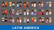 Big Set Of Latin Americans Cartoon Characters In National Costume. Couple In Traditional Ethnic Clothes. Woman Wearing National Dress And Man With Flag. Vector Flat Illustration.