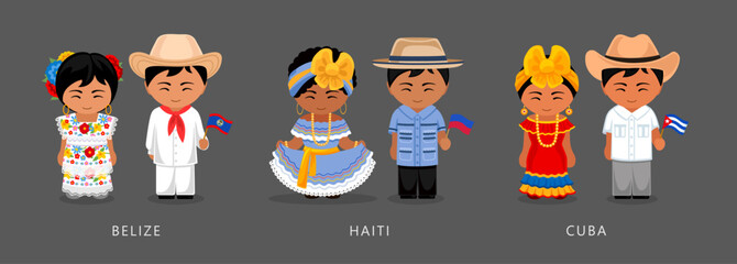 Wall Mural - Belize, Haiti, Cuba ethnic costume. Woman wearing traditional dress, man with national flag. Latin American couple. Vector flat illustration.