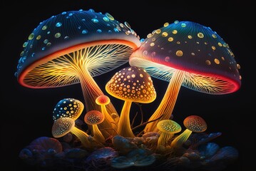 Wall Mural - graphic depiction of glowing mushrooms Generative AI