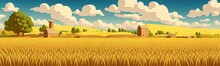 Ears Of Wheat. Farm Field. For Package. Barley Illustration In Vintage Style. Wheat Grain. Summer Landscape With A Field Of Ripe Wheat, Hills And Lobes In The Background. Raster Illustration.