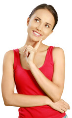 Sticker - Smiling pretty woman holding finger on face isolated on white