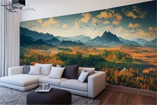 3d Landscape Wallpaper Wall Decor .
Dark Background, White Clouds, Golden Birds, Trees And Colorful Mountains . For Wall Frame Home Decor. Generative AI