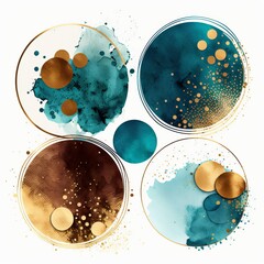 Wall Mural - Modern illustration with watercolor circles, stains, gold lines, powder, brush strokes. Blue, brown transparent circles for wall pictures, logo, covers isolated on white background Generative AI