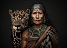 Portrait Of An Old Woman From Indigenous Tribe And A Jaguar From Rainforest. Generative AI.