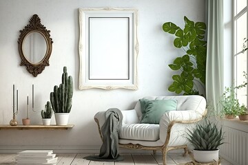 Wall Mural - Cozy modern interior with empty frame on the wall