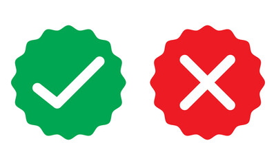 Aufkleber - Right wrong with smooth zig zag circle colored style. Right or Wrong checkmark and x or confirm and deny line art color icon for apps and websites. correct, incorrect, positive, negative, yes or no.