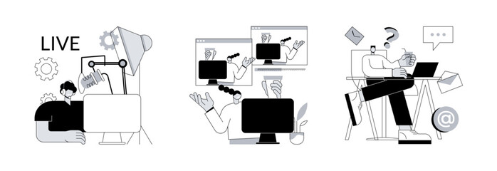 Poster - Online live event abstract concept vector illustration set. Professional livestream, software and account administrator, broadcasting service, stream manager, go live in real-time abstract metaphor.