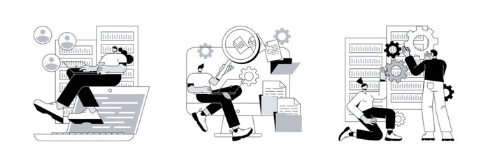 Poster - information collection and analysis abstract concept vector illustration set. management information
