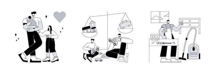 Poster - Fatherhood abstract concept vector illustration set. Single fathers, balancing father time, dads and housework, feeding baby, happy kid and family, chores at home, time together abstract metaphor.