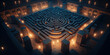 Aerial view of square labyrinth maze by torchlight by generative AI
