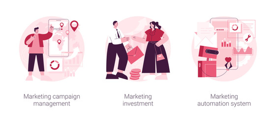 Poster - Marketing campaign management abstract concept vector illustration set. Investment and system automation, tracking and analysis, social media metrics, online platform dashboard abstract metaphor.