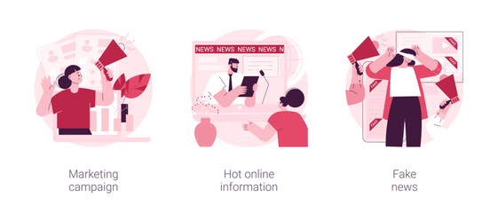 Poster - Social network content abstract concept vector illustration set. Marketing campaign, hot online information, fake news, target audience in social media, spreading rumors online abstract metaphor.