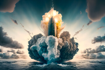 Wall Mural - Ballistic missile launch from underwater In the open sea. Generative AI