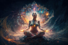 Woman Practices Yoga And Meditation With Space Energy, Fantasy View, Generative AI.