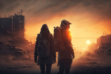 Survivors couple in destroyed city, man and woman at post apocalypse, generative AI