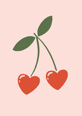 Wall Mural - Cute Heart-Shaped Cherries on Pink Background. Simple Hand Drawn Vector Illustration Perfect  For Poster, Card, Invitation, T-shirt Print, Playroom Wall Hanging Or Valentine’s Day Greeting Card.