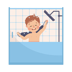 Sticker - Cheerful little boy taking shower washing with washcloth. Happy kid doing everyday hygiene activities cartoon vector illustration