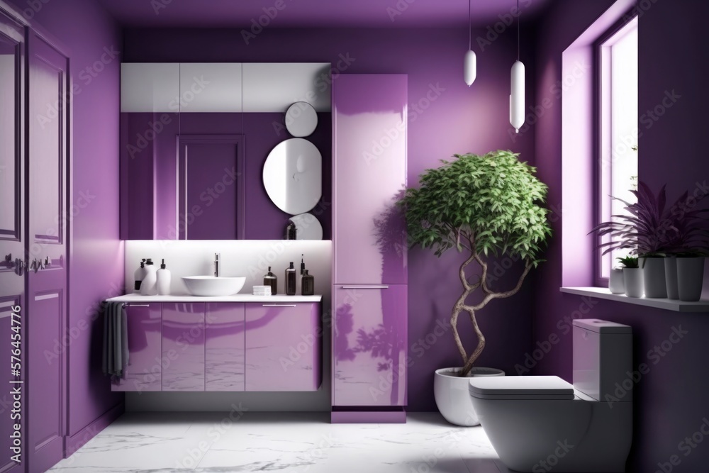 interior of a modern purple bathroom at house. bright sun light from ...