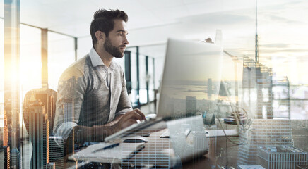 Aufkleber - The city will be redesigned by him. Multiple exposure shot of a young businessman working in an office superimposed over a cityscape.