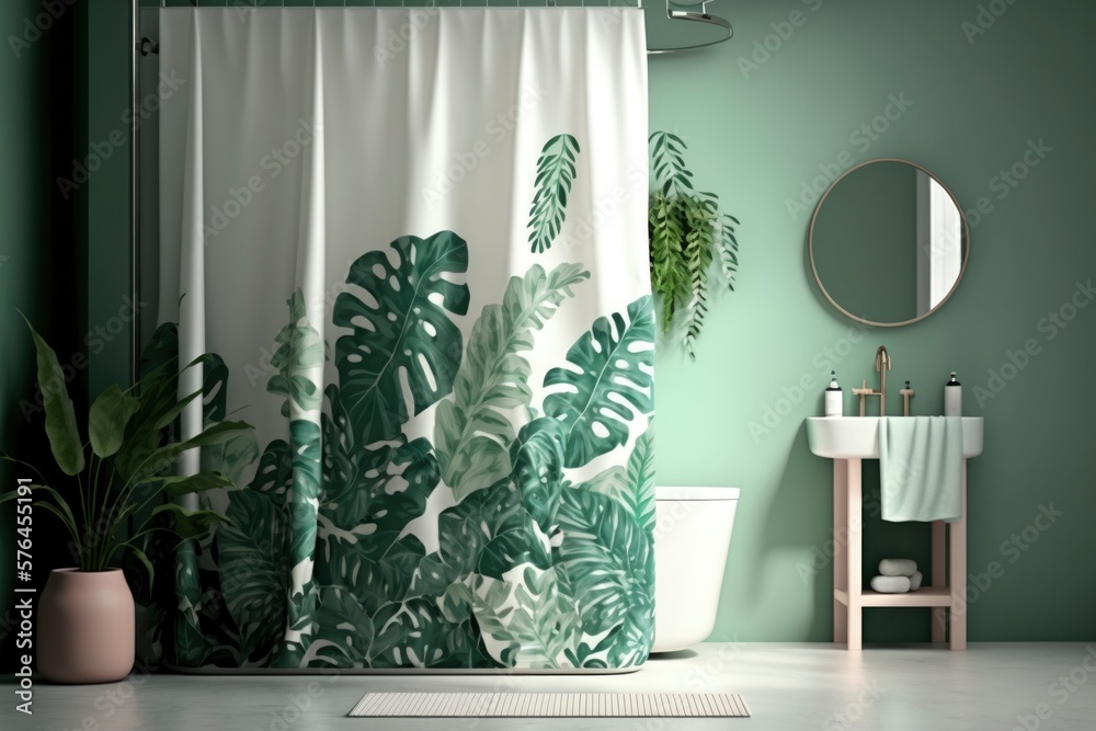interior of a modern green bathroom with plants at house. bright sun ...