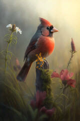 Wall Mural - Male Northern Cardinal in a Flower field .AI generated Illustration.