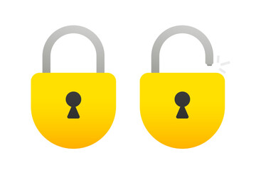 Poster - Template design for web banners and mobile app, printed materials, infographics. Flat padlock icons set. Yellow lock and unlock. Concept password, blocking, security. Vector illustration