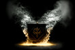 © Sergie - Mysterious box in a white smoke on black background, Generative AI. Magic box in a mystical smoke. Magic treasure background.