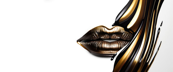 Abstract black with gold lips on a white background. black lips close up. Beautiful make-up. beautiful color on the beauty of the female mouth, close-up. mouth icon. Generative AI.banner