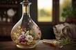 elegant wine carafe decorated with flowers on table decanter with wine, created with generative ai