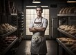 Portrait of a baker inside of a bakery in front of breads on the shelves. Young man's arms crossed. Generative Ai.