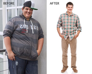 Kicking diabetes to the curb. Before and after shot of a young mans weight loss.