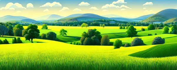 Spring background. Green meadow, trees. Cartoon illustration of beautiful summer valley landscape with blue sky. green hills. Spring meadow with big tree with fresh green leaves.