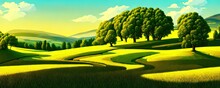 Spring Background. Green Meadow, Trees. Cartoon Illustration Of Beautiful Summer Valley Landscape With Blue Sky. Green Hills. Spring Meadow With Big Tree With Fresh Green Leaves.