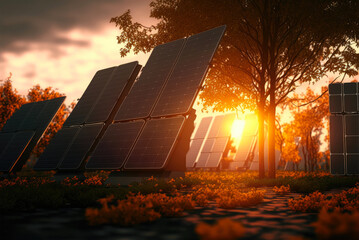 Multiple rows of foldable solar panels and sustainability concept illustration with autumn sunset background