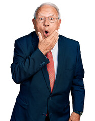 Canvas Print - Senior man with grey hair wearing business suit and glasses looking fascinated with disbelief, surprise and amazed expression with hands on chin