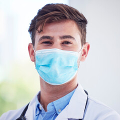 Poster - Covid, portrait and doctor and hospital for healthcare, innovation and medical breakthrough. Covid, face and male virus expert with ambitious mindset while working in a clinic, tough and ready