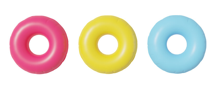 Inflatable swim tubes in isolated background, 3d rendering. Swimming rings in bright colours, concept of summer, holidays and sea vacation