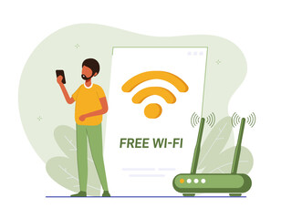 Poster - Concept of mobile network, wireless Internet connection technology. Wifi illustration. People use device to connect Internet network Modern colorful flat vector illustration for poster, banner.