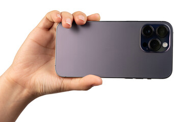 Rear view of purple smartphone with tripple camera