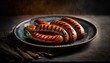 Tasty grilled bbq sausages close up shot. Generative Ai