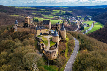 Medieval Bourscheid castle in Luxembourg, aerial view